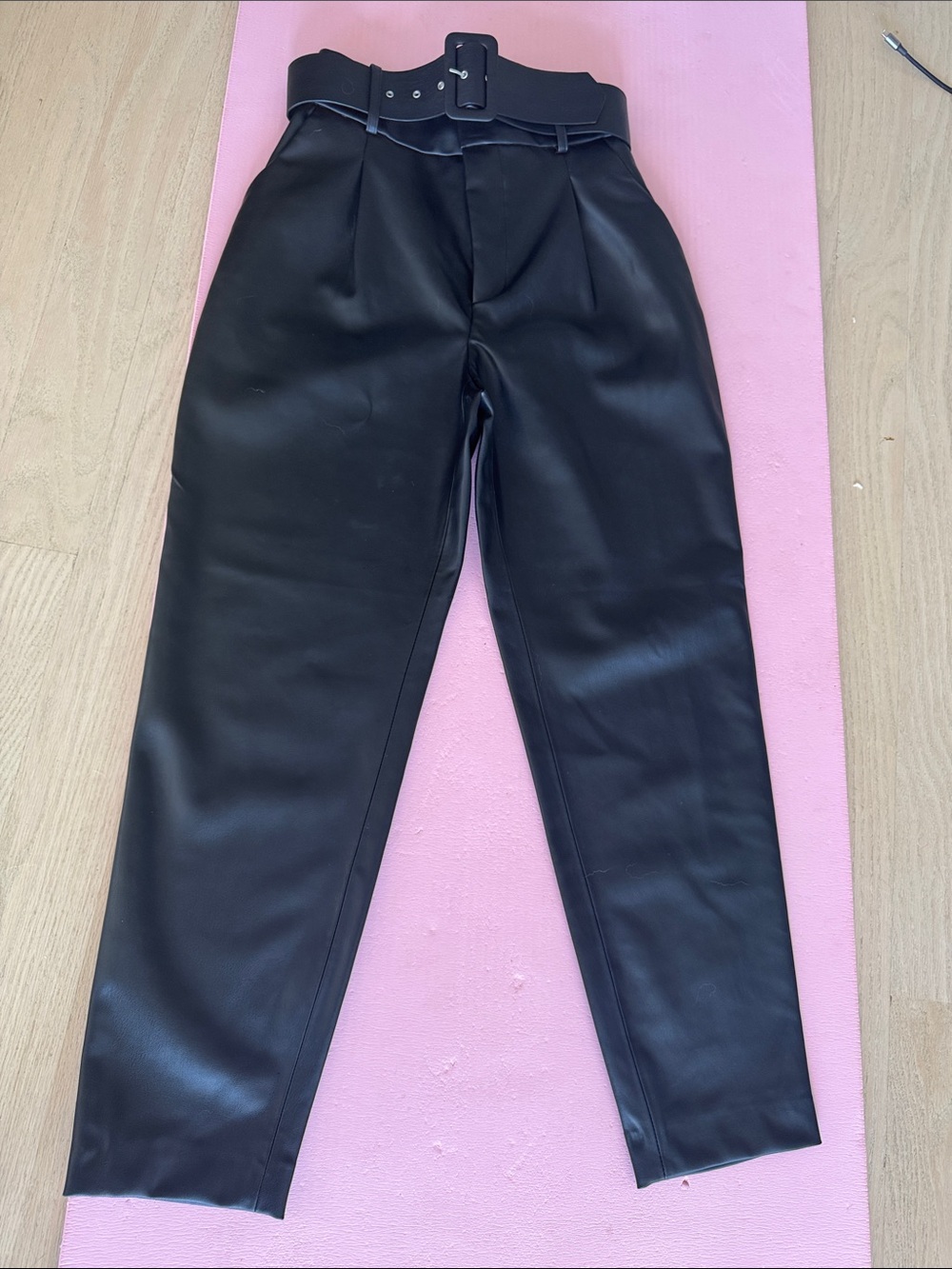 Zara Black Faux Leather High-Rise Belted Pants